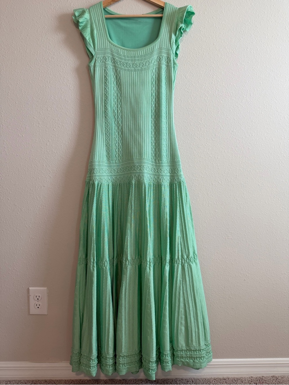 Sleeveless Mint Green Crochet Maxi Dress with Ruffle Cap Shoulders